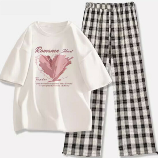 Hot-selling plaid pants and T-shirt two-piece set [white (unbridled butterfly dance) + black and white pants] [S-2XL size] (please contact customer service to confirm the delivery size after placing the order)