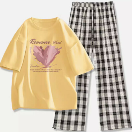 Hot-selling plaid pants and T-shirt two-piece set [goose yellow (unbridled butterfly dance) + black and white pants] [S-2XL size] (please contact customer service to confirm the delivery size after placing the order)