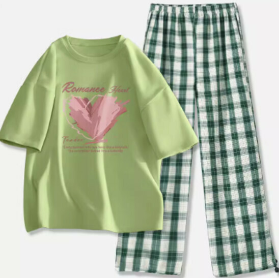 Hot-selling plaid pants and T-shirt two-piece set [Fruit Green (Unbridled Butterfly Dance) + Dark Green Pants] [S-2XL Size] (please contact customer service to confirm the delivery size after placing the order)