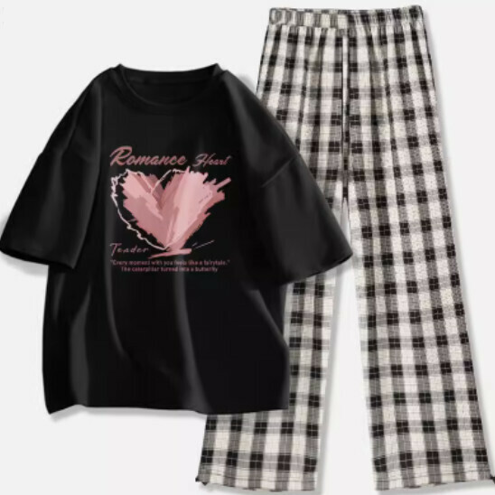 Hot-selling plaid pants and T-shirt two-piece set [Black (Wild Butterfly Dance) + Black and White Pants] [S-2XL Size] (please contact customer service to confirm the delivery size after placing the order)
