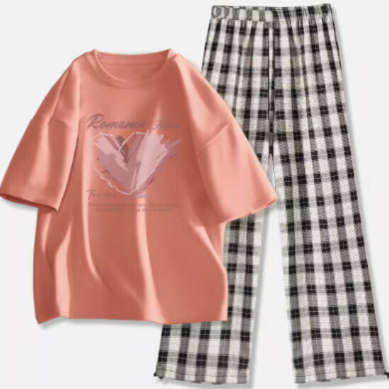Hot-selling plaid pants and T-shirt two-piece set [orange pink (unbridled butterfly dance) + black and white pants] [S-2XL size] (please contact customer service to confirm the delivery size after placing the order)