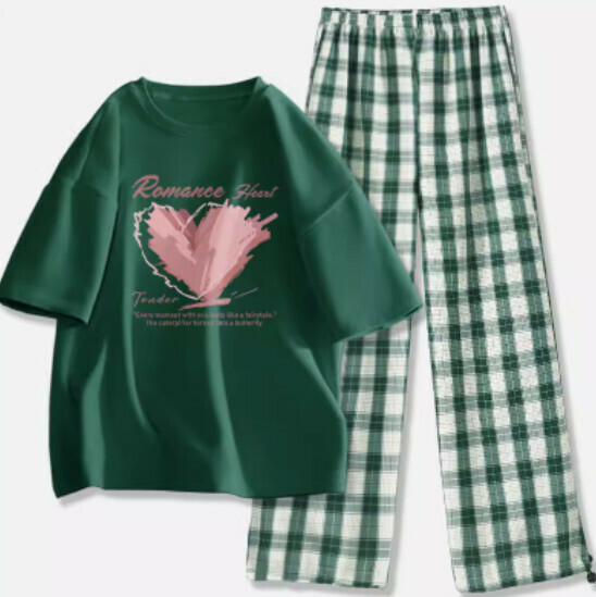 Hot selling plaid pants and T-shirt two-piece set [dark green (unbridled butterfly dance) + dark green pants] [S-2XL size] (please contact customer service to confirm the delivery size after placing the order)