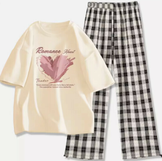 Hot-selling plaid pants and T-shirt two-piece set [milk white (unbridled butterfly dance) + black and white pants] [S-2XL size] (please contact customer service to confirm the delivery size after placing the order)