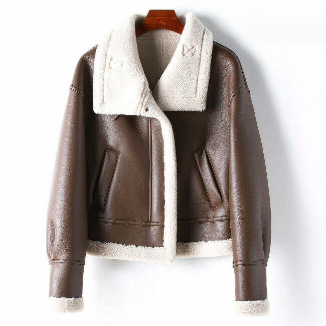 Hot selling lapel eco-leather jacket (M/L size) (brown) (contact customer service after placing order to confirm delivery size)