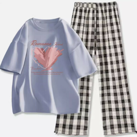 Hot-selling plaid pants and T-shirt two-piece set [light blue (unbridled butterfly dance) + black and white pants] [S-2XL size] (please contact customer service to confirm the delivery size after placing the order)