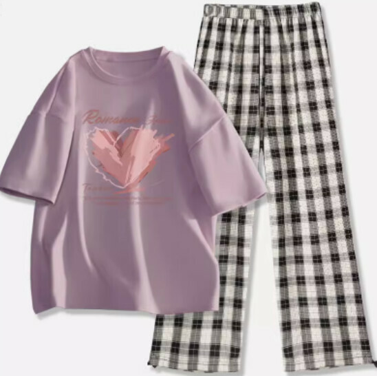 Hot-selling plaid pants and T-shirt two-piece set [Taro Purple (Unbridled Butterfly Dance) + Black and White Pants] [S-2XL] (please contact customer service to confirm the delivery size after placing the order)