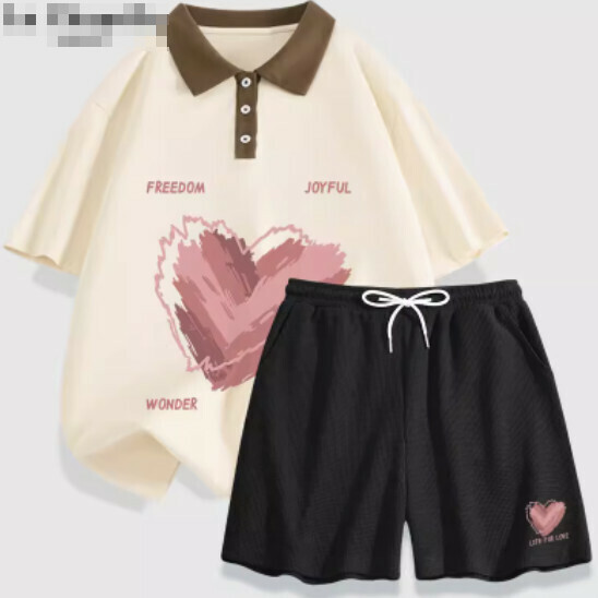 Hot selling two-piece set of short-sleeved shorts [milk white (heart beat) + black pants] [S-XL size] (please contact customer service to confirm the delivery size after placing the order)