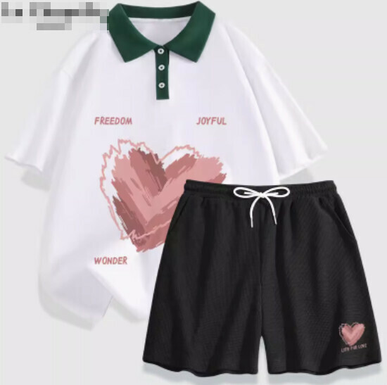 Hot selling two-piece set of short-sleeved shorts [white (heart beat) + black pants] [S-XL size] (please contact customer service to confirm the delivery size after placing the order)