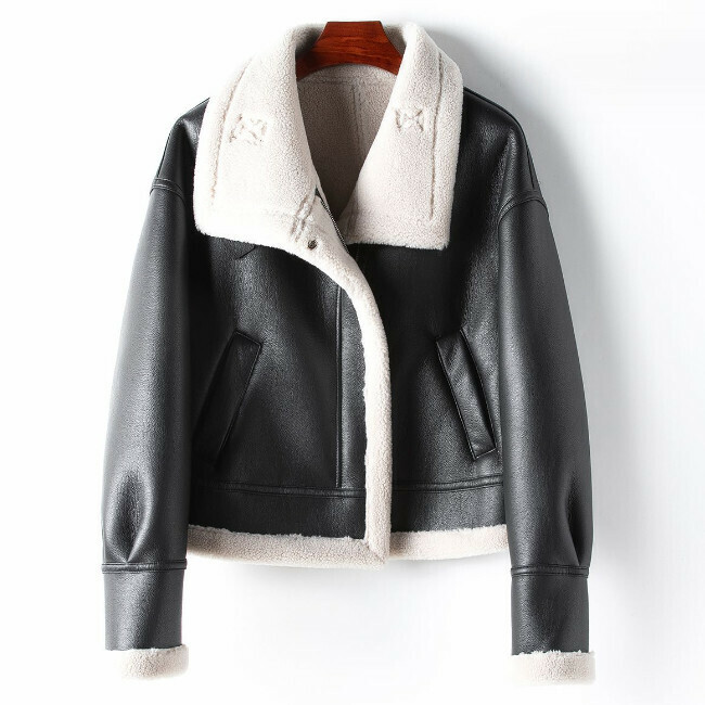 Hot selling lapel eco-leather jacket (M/L size) (black) (contact customer service after placing order to confirm delivery size)