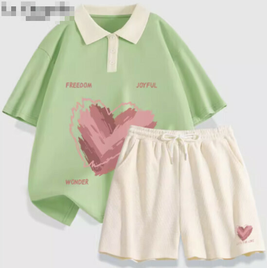 Hot selling two-piece set of short-sleeved shorts [fruit green (heartbeat) + milky white pants] [S-XL size] (please contact customer service to confirm the delivery size after placing the order)