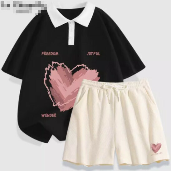 Hot selling two-piece set of short-sleeved shorts [Black (Heartbeat) + Cream Pants] [S-XL] (please contact customer service to confirm the delivery size after placing the order)