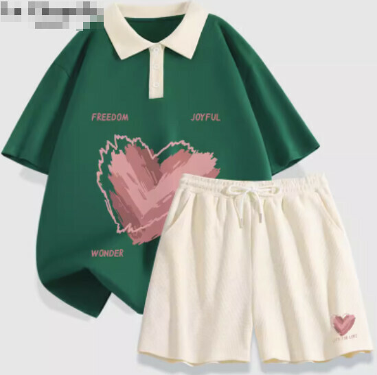 Hot selling two-piece set of short-sleeved shorts [green (heart beat) + milk white pants] [S-XL size] (please contact customer service to confirm the delivery size after placing the order)