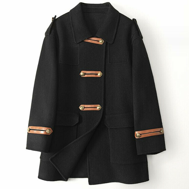 Hot selling mid-length double-sided woolen jacket (M/L size) (black) (contact customer service after placing the order to confirm the delivery size)