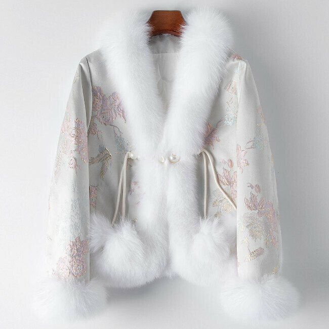 熱賣狐狸毛繡花鴨絨羽絨服(L碼)(亮灰色)