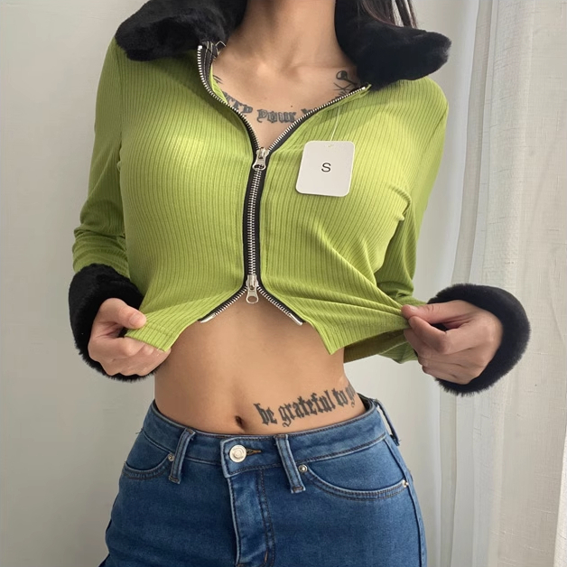熱賣大毛領袖口雙向拉鍊短款針織衫(綠色)(S-L碼)(下單後聯絡客服確認發貨尺碼)