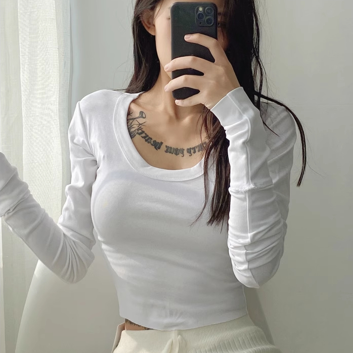 Hot Selling Large Round Neck Extra Long Rolled Sleeves Bottoming T-Shirt (White) (S/M Size) (Contact customer service after placing the order to confirm the delivery size)
