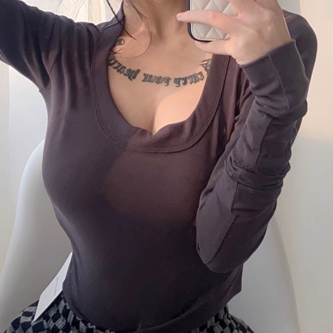 Hot Selling Large Round Neck Extra Long Rolled Sleeves Bottoming T-Shirt (Gray) (S/M Size) (Contact customer service after placing the order to confirm the delivery size)