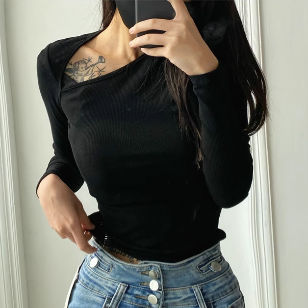 Hot selling slanted bateau collar long-sleeved T-shirt (black) (S/M size) (contact customer service after placing the order to confirm the delivery size)