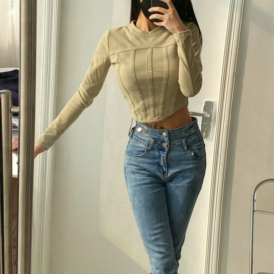 Hot selling short round neck long-sleeved bottoming shirt (bean green) (S/M size) (contact customer service after placing the order to confirm the delivery size)