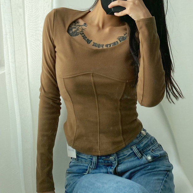 Hot seller collared chest-shaped splicing velvet bottoming top (camel) (S/M size) (contact customer service after placing the order to confirm the delivery size)