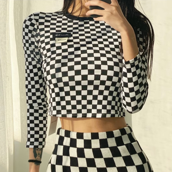 Hot selling checkerboard round neck long-sleeved T-shirt (checkerboard) (S/M size) (contact customer service after placing the order to confirm the delivery size)