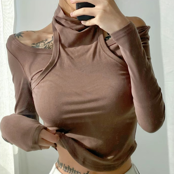 Hot selling turtleneck off-shoulder pullover long-sleeved bottoming shirt (dark khaki) (S/M size) (contact customer service after placing the order to confirm the delivery size)