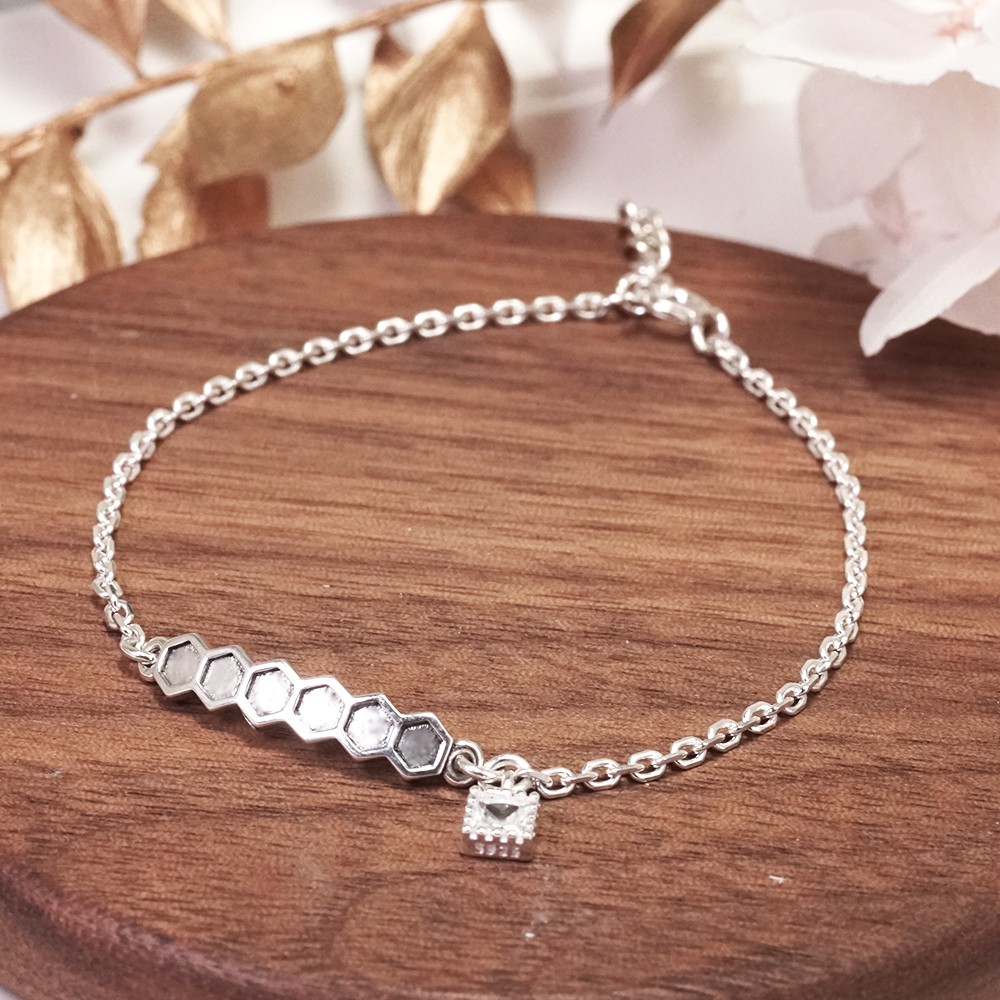 六角方晶 純銀手鍊 方鑽單排設計 925純銀 21週年紀念手鍊