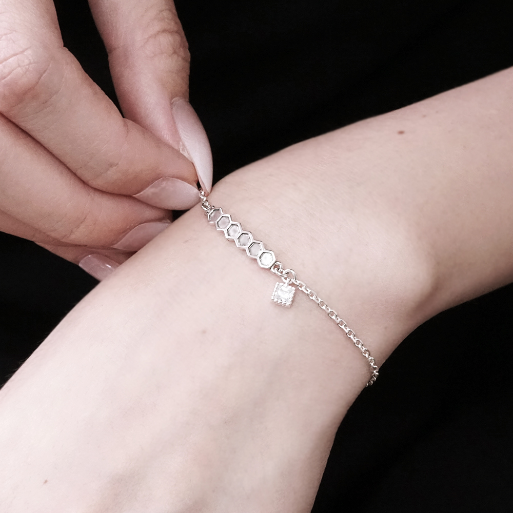 六角方晶 純銀手鍊 方鑽單排設計 925純銀 21週年紀念手鍊