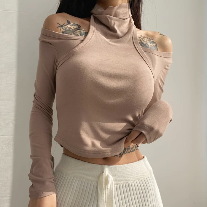 Hot selling turtleneck off-shoulder pullover long-sleeved bottoming shirt (light khaki) (S/M size) (contact customer service after placing the order to confirm the delivery size)