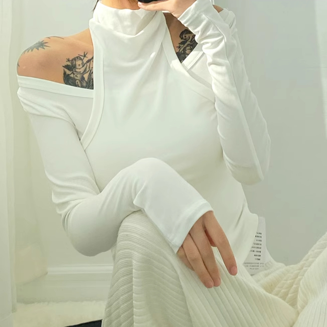 Hot selling turtleneck off-shoulder pullover long-sleeved bottoming shirt (white) (S/M size) (contact customer service after placing the order to confirm the delivery size)