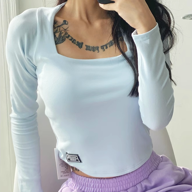 Hot selling double-layer square neck long-sleeved T-shirt (light blue) (S/M size) (contact customer service after placing the order to confirm the delivery size)