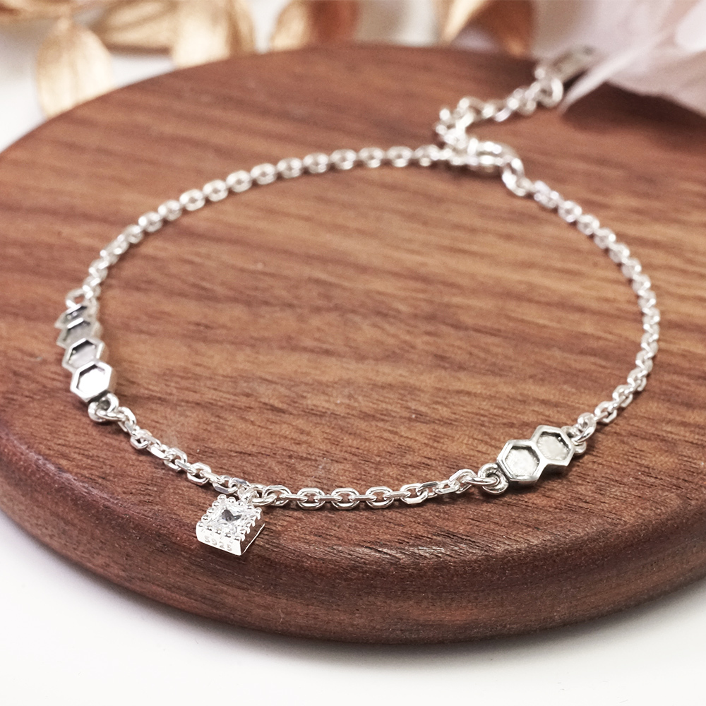 六角方晶 純銀手鍊 方鑽雙排設計 925純銀 21週年紀念手鍊
