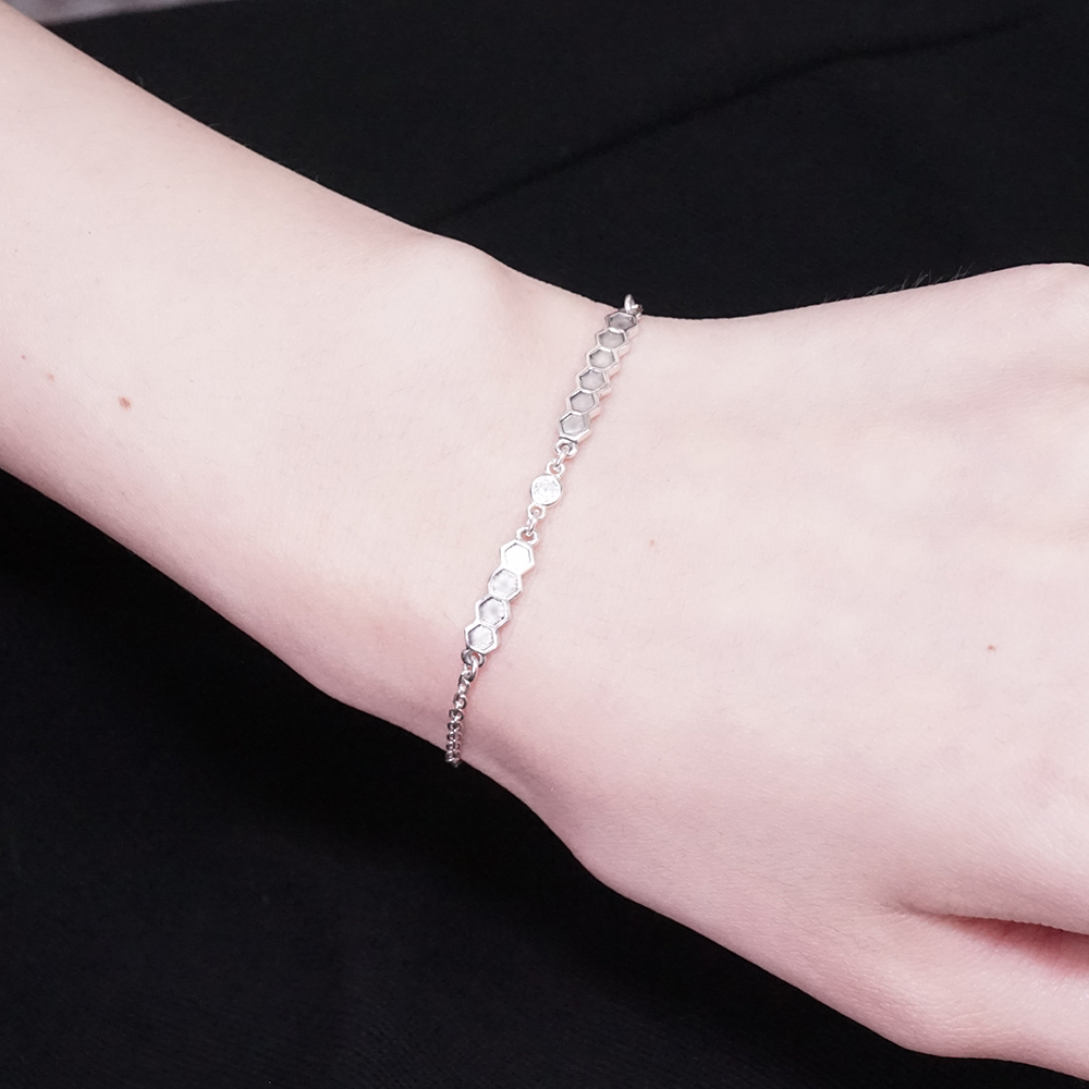 六角方晶 純銀手鍊 圓鑽雙排設計 925純銀 21週年紀念手鍊
