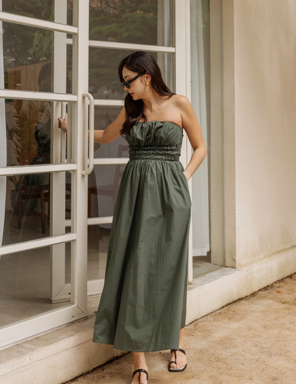 氣質抓皺感平口洋裝（孔雀綠/2尺寸）