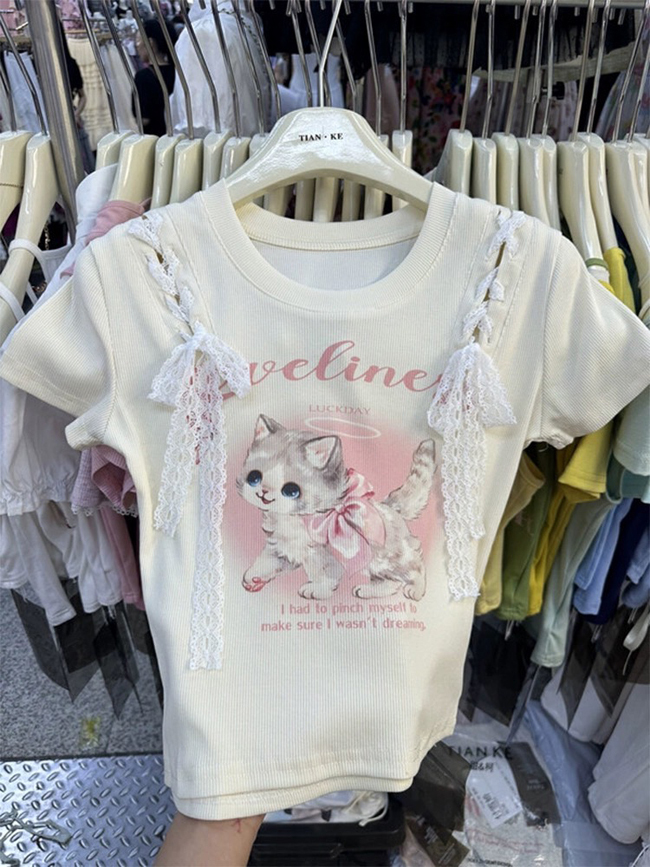 肩膀綁帶蕾絲造型短版上衣-四色