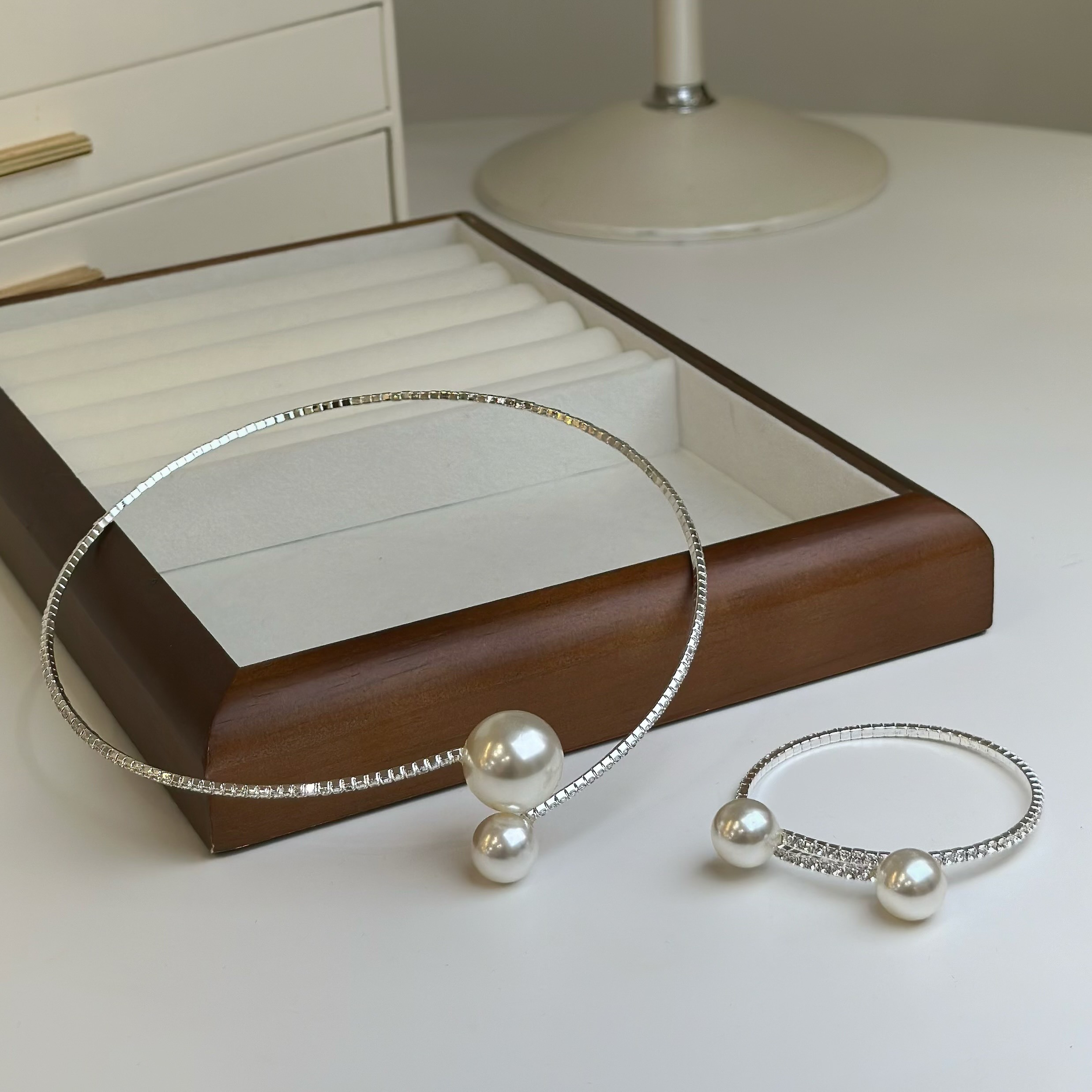 晨露．滿鑽珍珠硬版頸鏈/手鏈套組（可拆買）