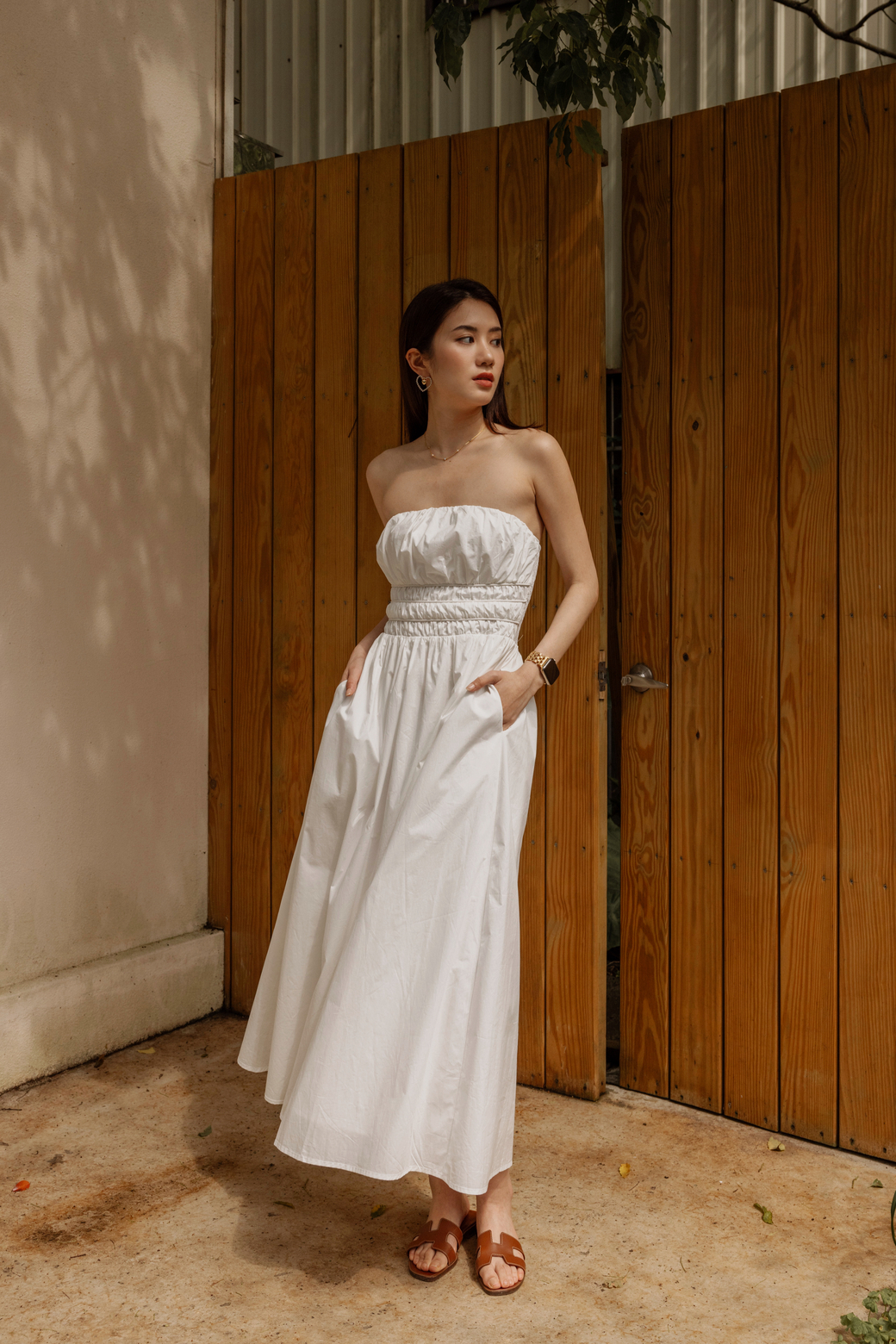 氣質抓皺感平口洋裝（牛奶白/2尺寸）