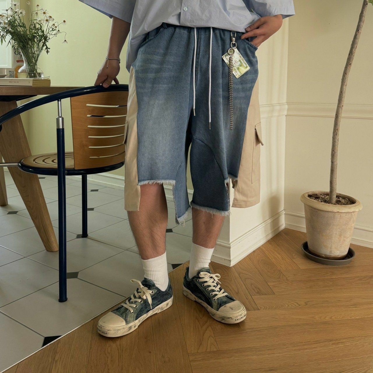 拼色工裝牛仔短褲 BY ATTENTION-207P