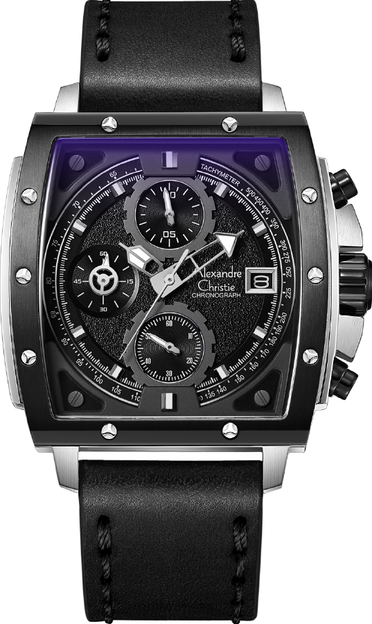 萬年鐘錶 - Alexandre Christie  酒桶形螺絲裝飾錶框霸氣皮革款男錶 6376MCLTBBA  錶徑44MM  (AC 錶)