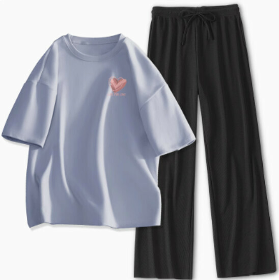 Hot selling ice silk pants casual two-piece set [light blue (messy love) + black pants] [S-XL size] (please contact customer service to confirm the delivery size after placing the order)