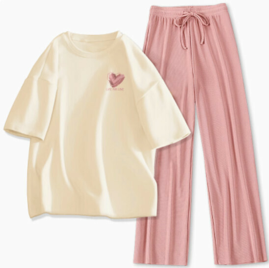 Hot selling ice silk pants casual two-piece set [milk white (messy love) + pink pants] [S-XL size] (please contact customer service to confirm the delivery size after placing the order)