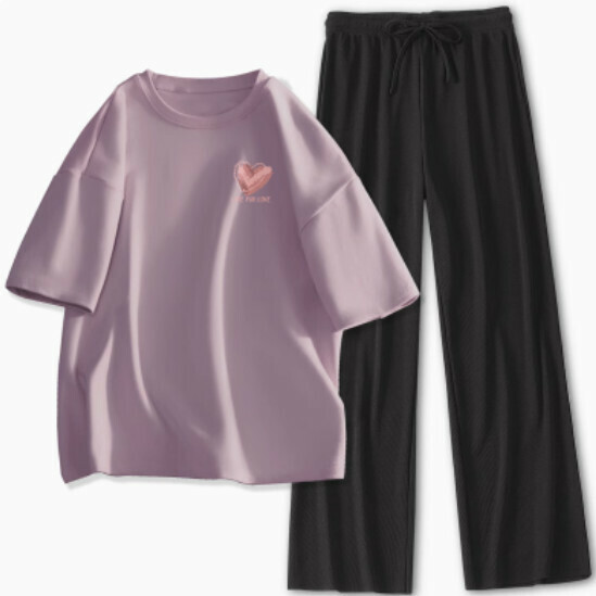 Hot Selling Ice Silk Pants Casual Two-piece Set [Taro Purple (Messy Love) + Black Pants] [S-XL Size] (Please contact customer service to confirm the delivery size after placing the order)