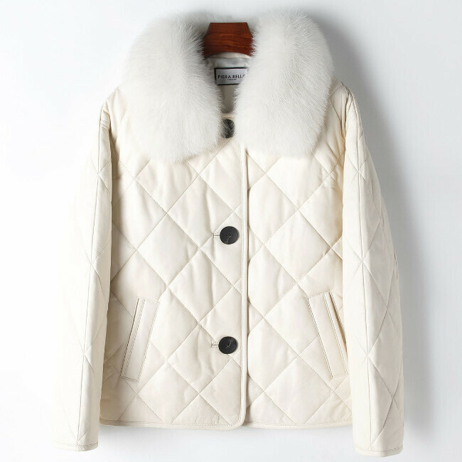 Hot selling fox fur collar white duck down genuine leather jacket (S-L size) (off-white) (contact customer service after placing the order to confirm the delivery size)