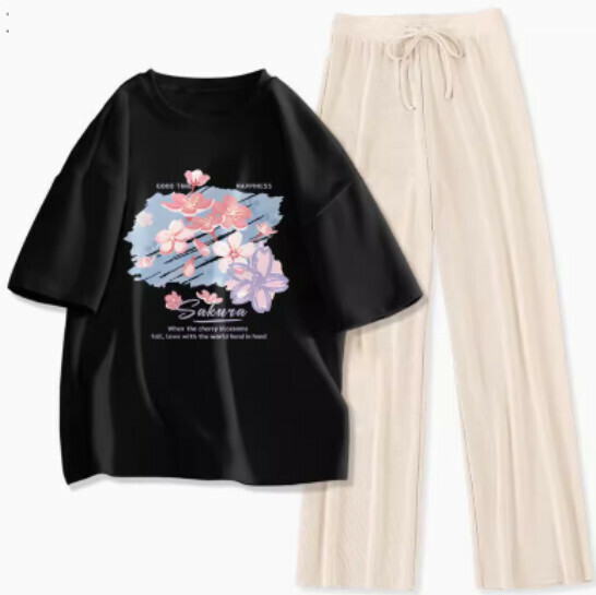 Hot selling loose short-sleeved trousers two-piece set [Black (Tuya Sakura) + Apricot Pants] [S-XL Size] (please contact customer service to confirm the delivery size after placing the order)