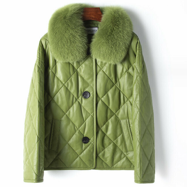 Hot selling fox fur collar white duck down genuine leather jacket (size S-L) (green) (contact customer service after placing the order to confirm the delivery size)