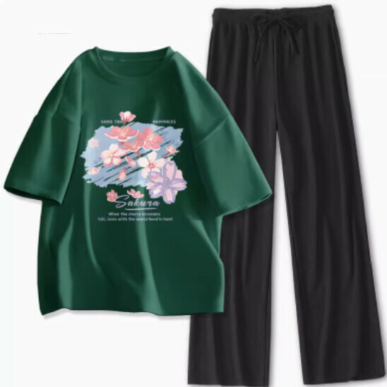 Hot selling loose short-sleeved trousers two-piece set [dark green (Tuya Sakura) + black pants] [S-XL size] (please contact customer service to confirm the delivery size after placing the order)