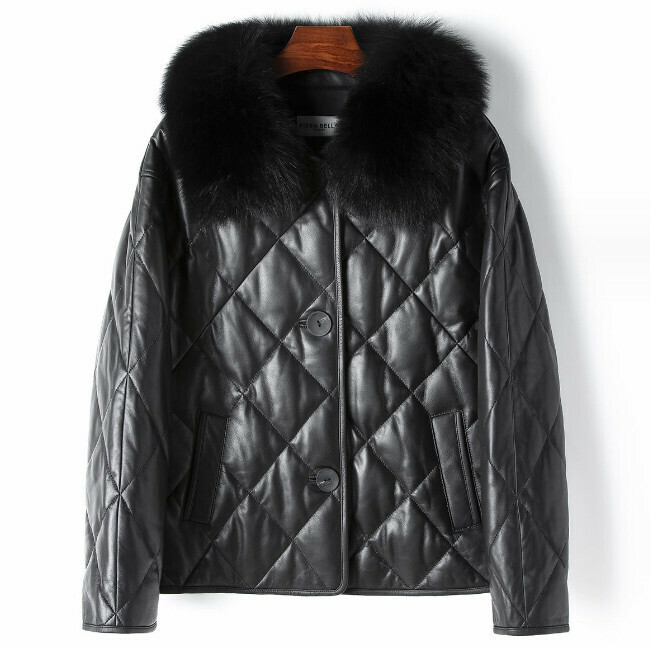Hot selling fox fur collar white duck down genuine leather jacket (size S-L) (black) (contact customer service after placing order to confirm delivery size)