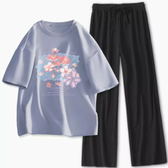 Hot selling loose short-sleeved trousers two-piece set [light blue (Tuya Sakura) + black pants] [S-XL size] (please contact customer service to confirm the delivery size after placing the order)