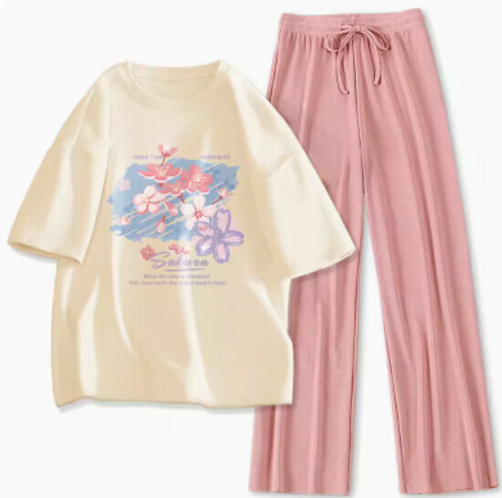 Hot selling loose short-sleeved trousers two-piece set [milk white (Tuya Sakura) + pink pants] [S-XL size] (please contact customer service to confirm the delivery size after placing the order)