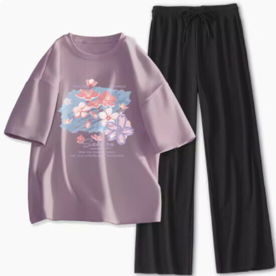 Hot selling loose short-sleeved trousers two-piece set [Taro Purple (Tuya Sakura) + Black Pants] [S-XL] (please contact customer service to confirm the delivery size after placing the order)